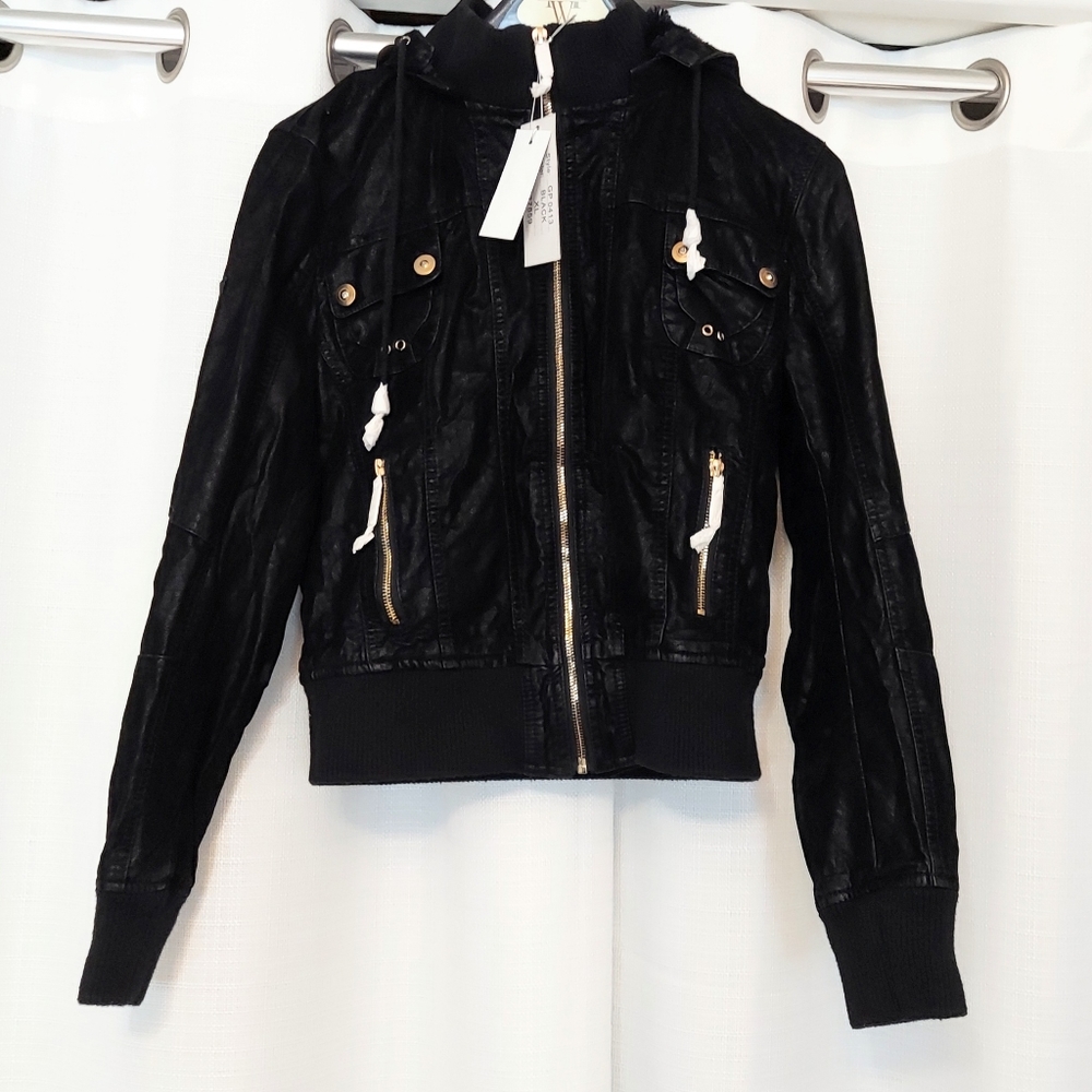 Palomares Sport Jacket Faux Leather and Fur Lining Knit Cuff Collar Full Zip NWT